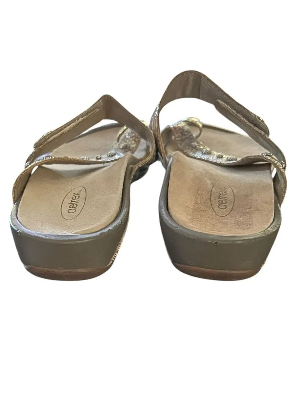 AETREX Izzy Adjustable Slide Sandals Rose Cream Gold Snakeskin Silvertone Studs